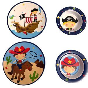 Toddler Melamine Dinnerware Set Kids Cowboy Pirate 4 Pieces Bowl Plate BPA Free